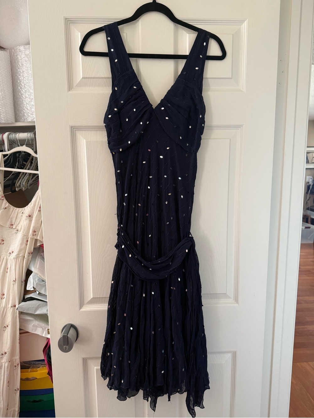 Vintage Oasis Midnight Blue Sequin Detail Fairy Hem Midi Dress